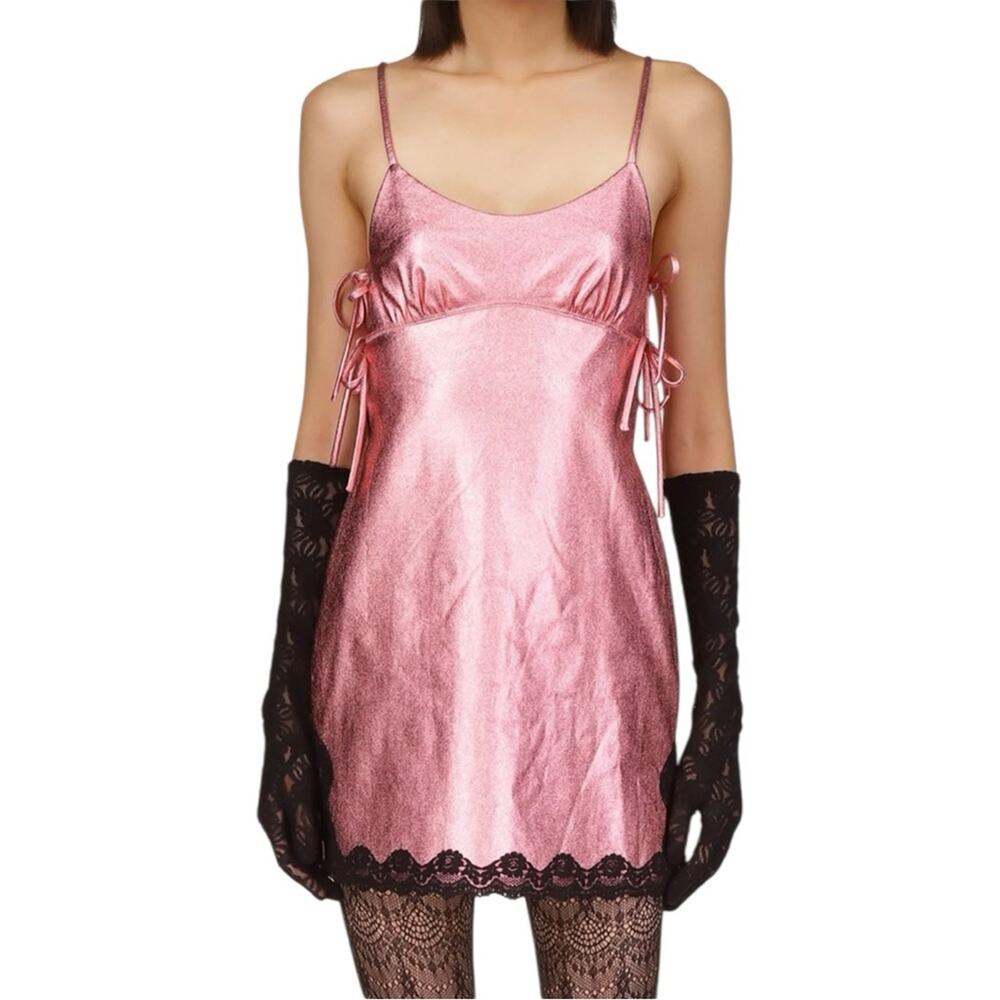 Free People x Anna Sui Sleeveless Leather Mini Dress Metallic‎ Pink Size 6 - Picture 3 of 10